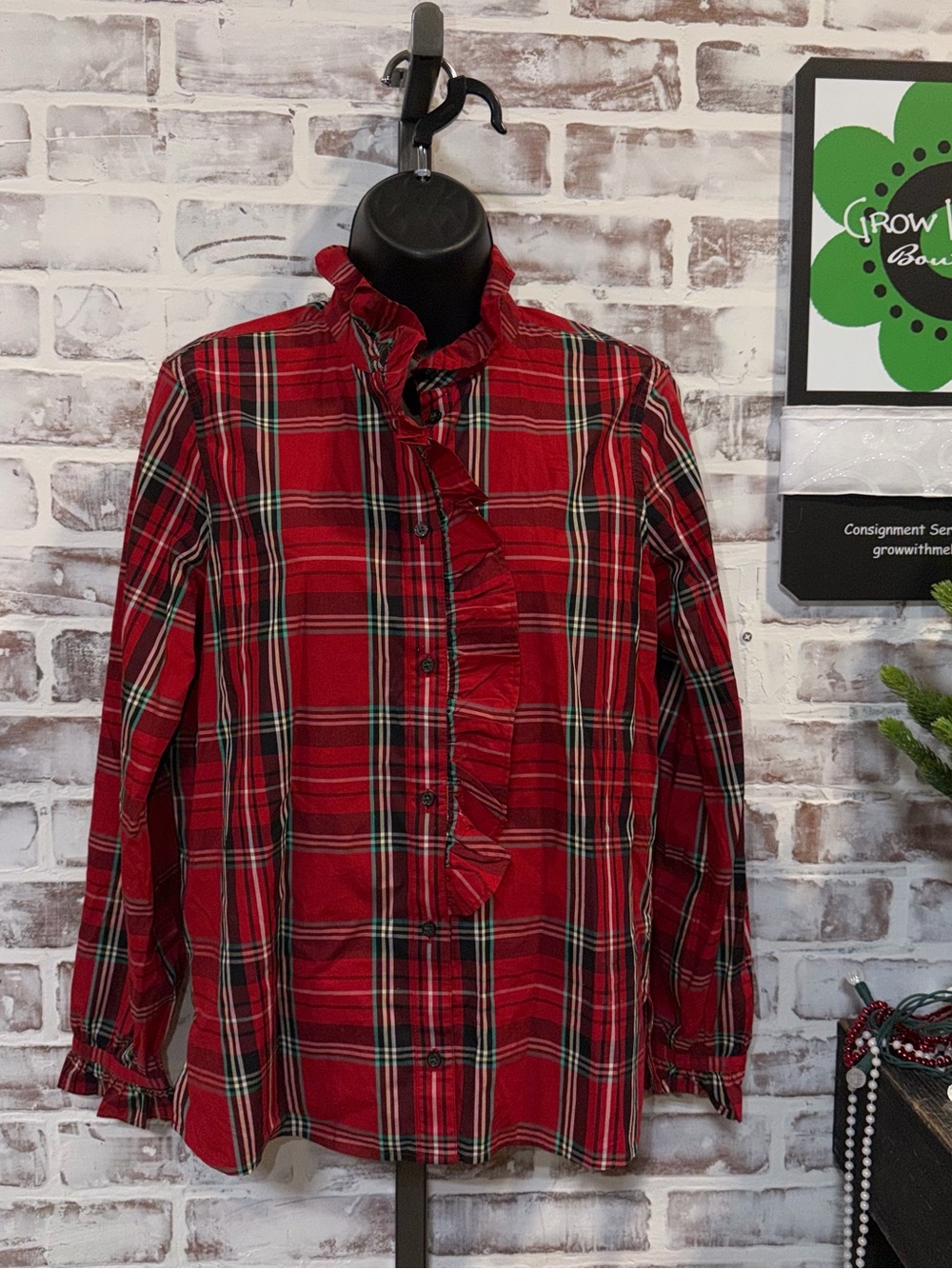 J. Crew Red Plaid Ruffle-Front Button-Down Shirt #10701
